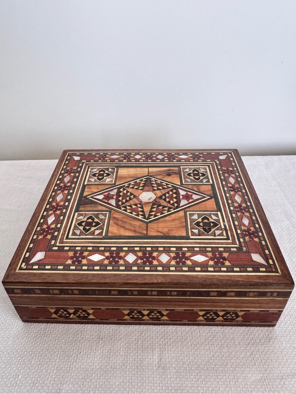 Vintage wooden marquetry jewelry box w mother-of-pearl inlay w geometric design